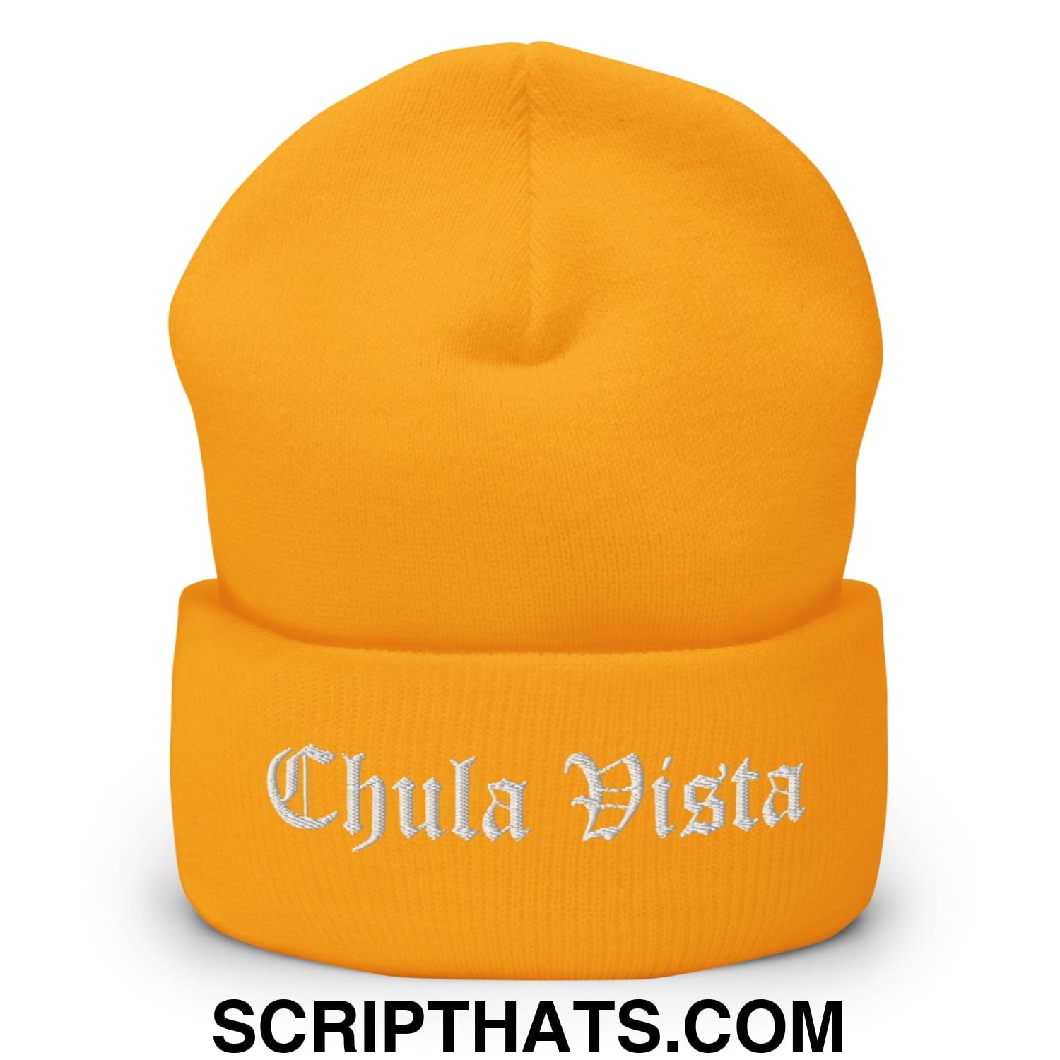 Chula Vista Old English Embroidered Knit Cuffed Beanie Gold