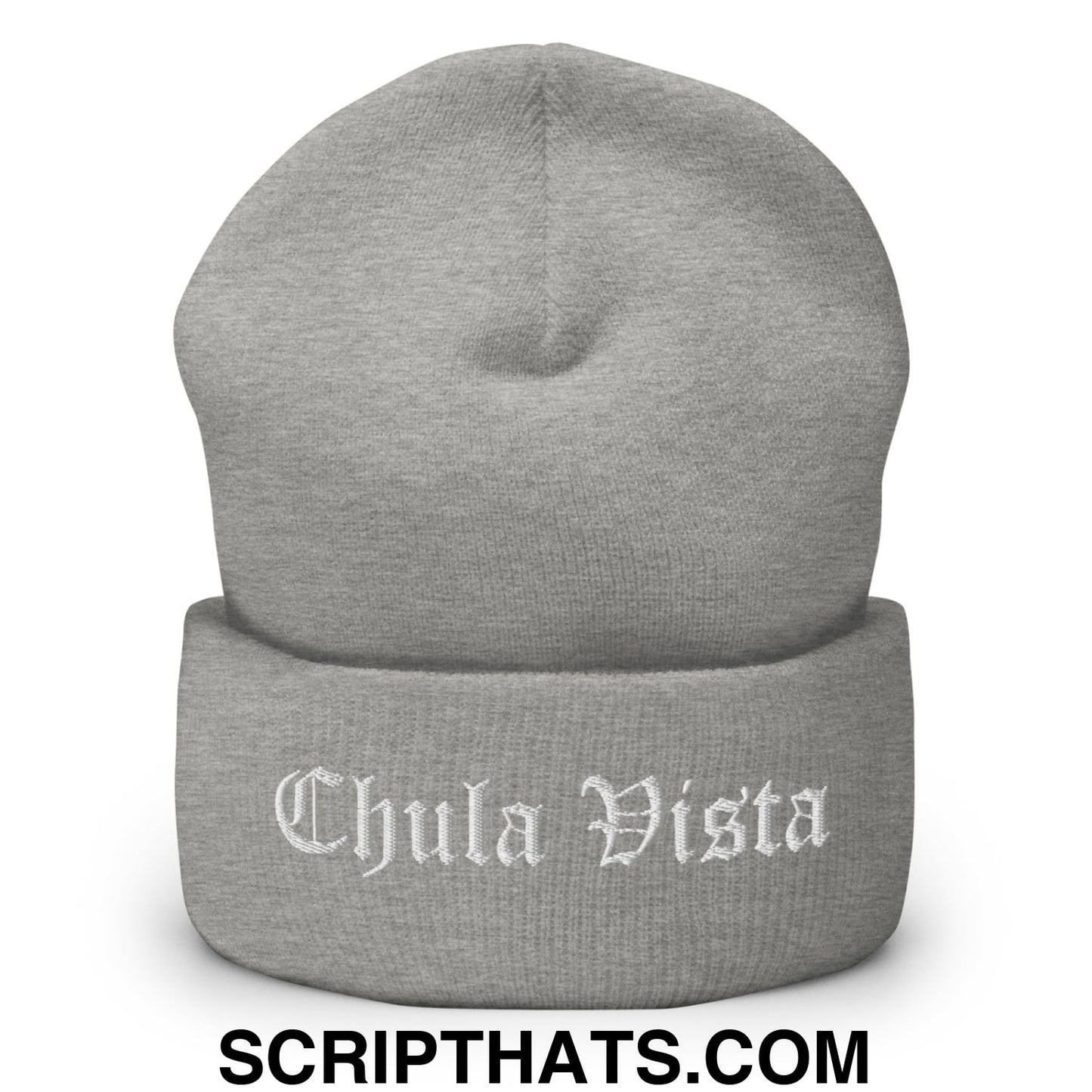 Chula Vista Old English Embroidered Knit Cuffed Beanie Heather Grey
