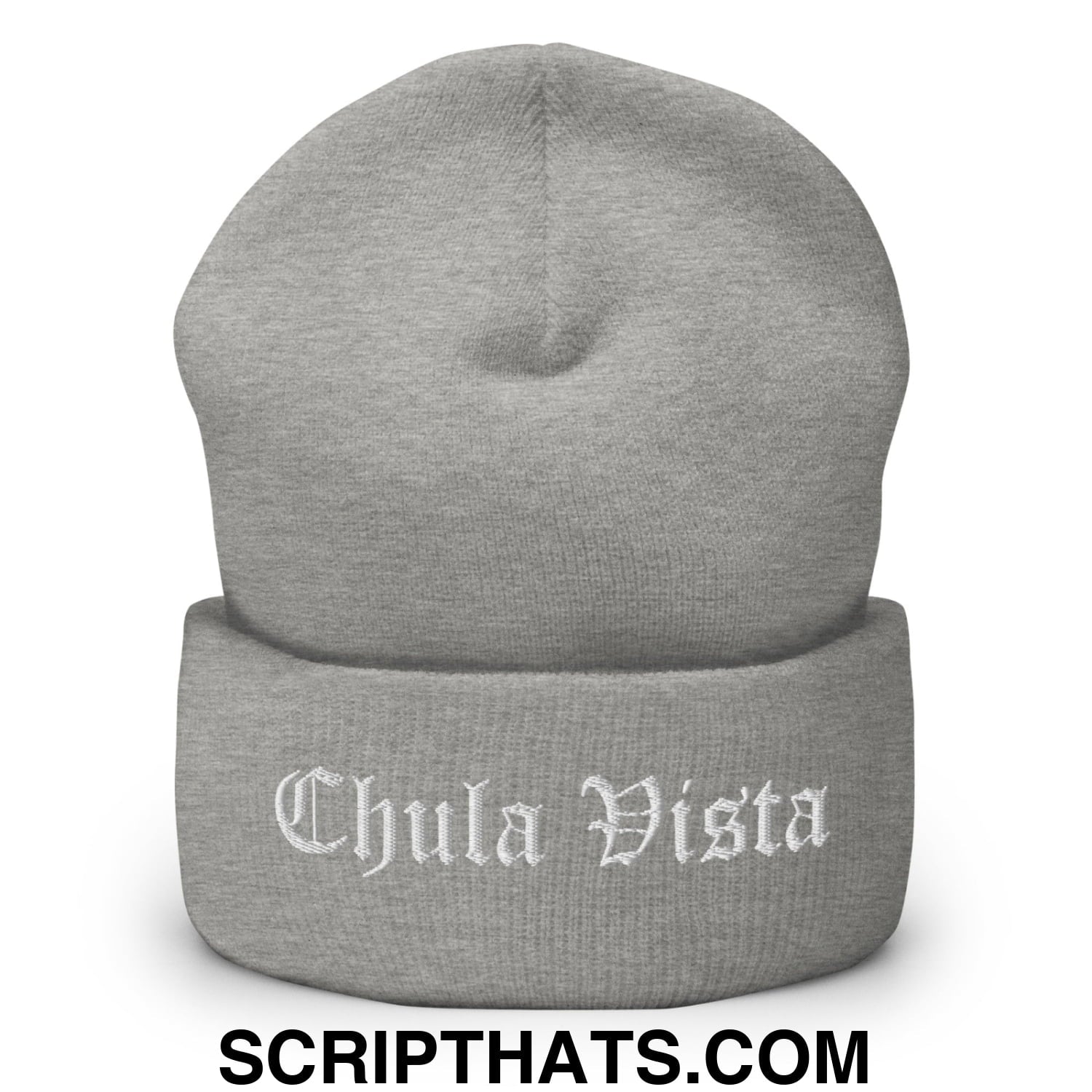 Chula Vista Old English Embroidered Knit Cuffed Beanie Heather Grey