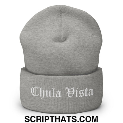 Chula Vista Old English Embroidered Knit Cuffed Beanie Heather Grey