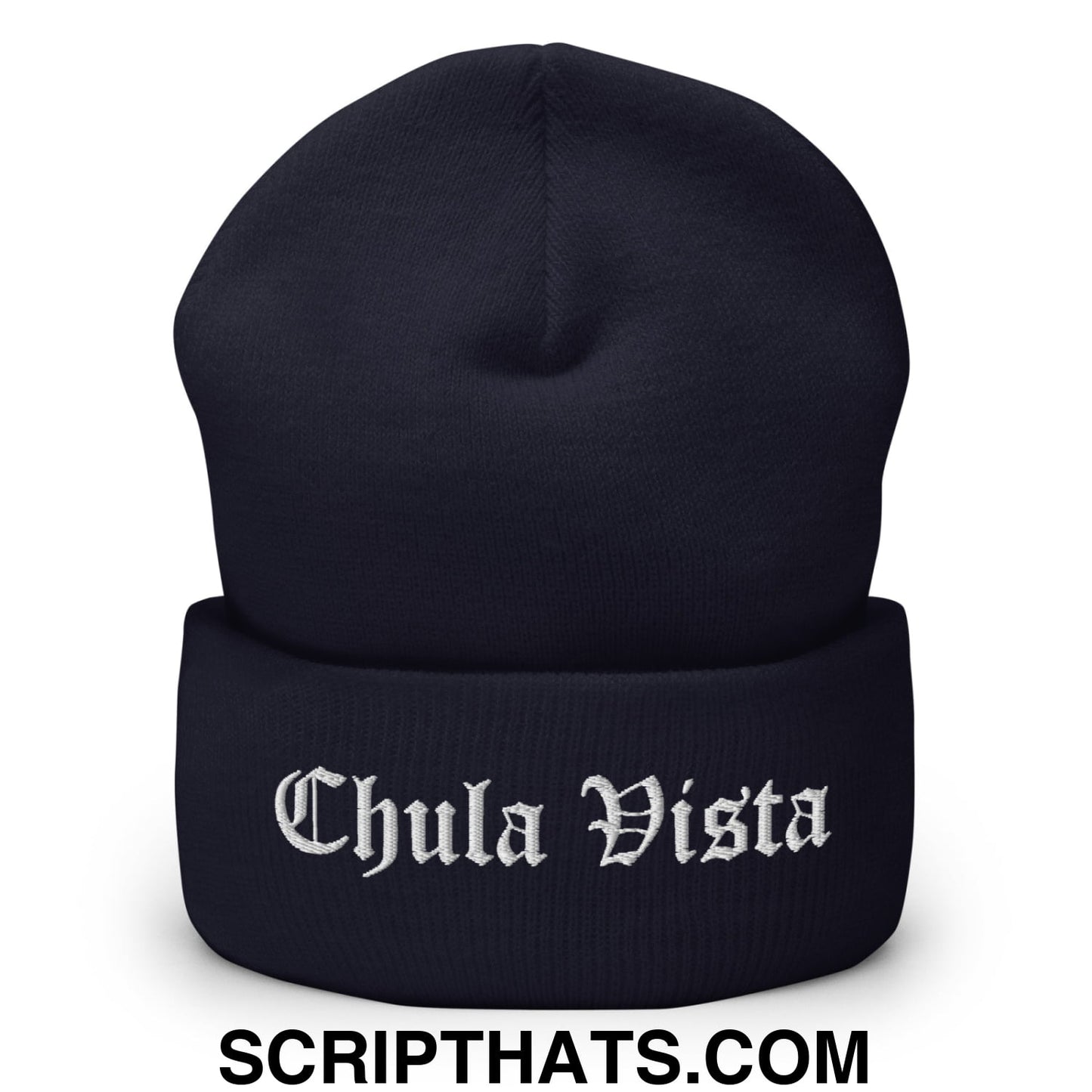 Chula Vista Old English Embroidered Knit Cuffed Beanie Navy