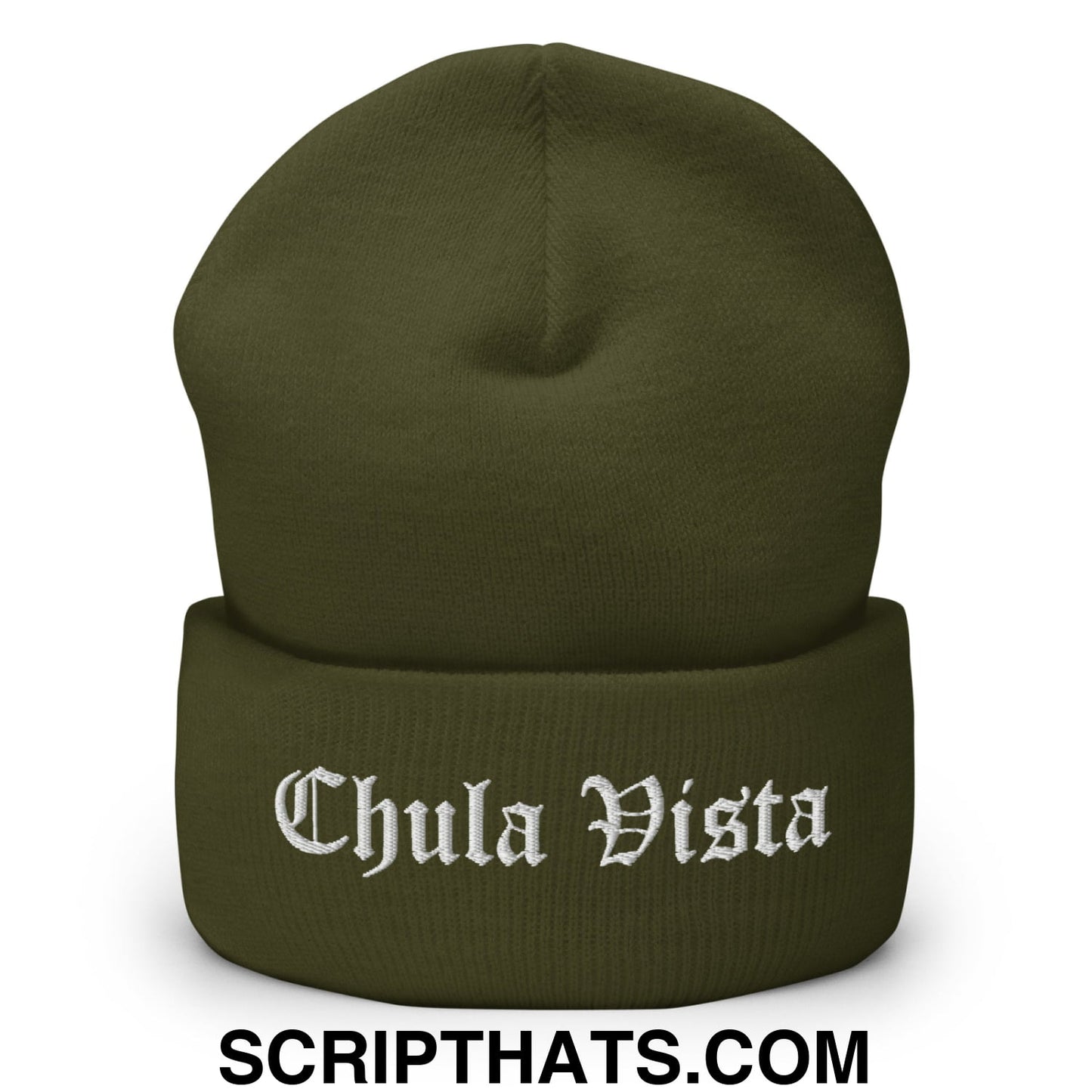 Chula Vista Old English Embroidered Knit Cuffed Beanie Olive