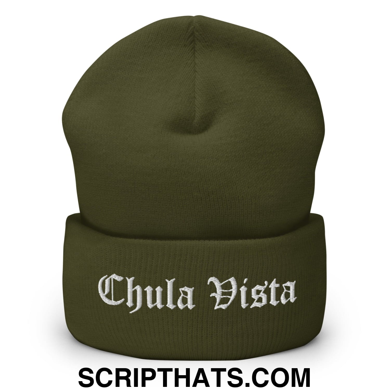 Chula Vista Old English Embroidered Knit Cuffed Beanie Olive