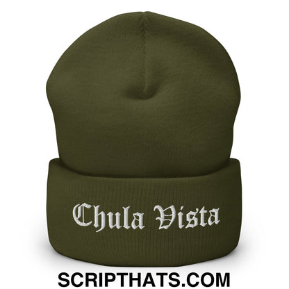 Chula Vista Old English Embroidered Knit Cuffed Beanie Olive