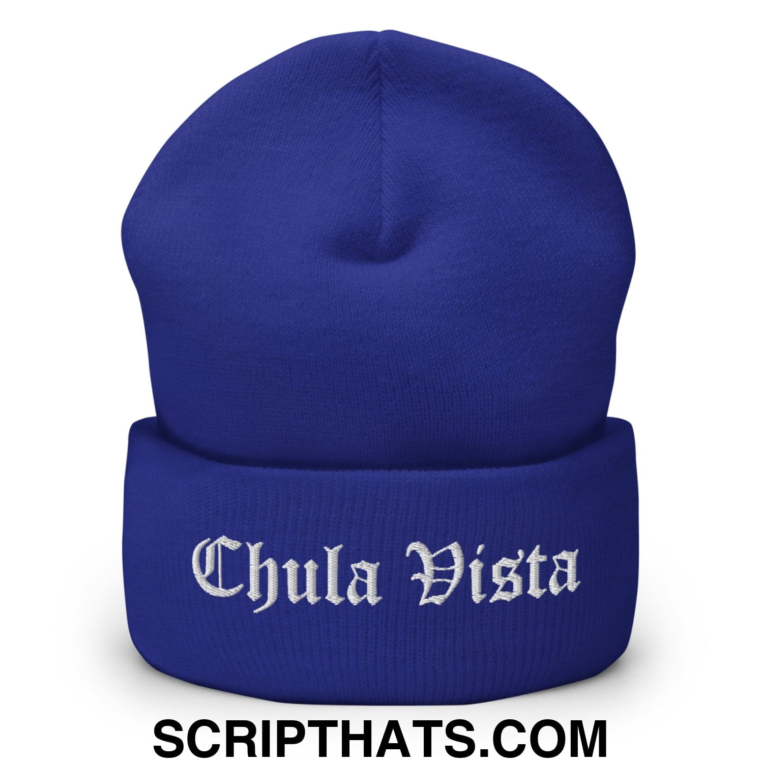 Chula Vista Old English Embroidered Knit Cuffed Beanie Royal
