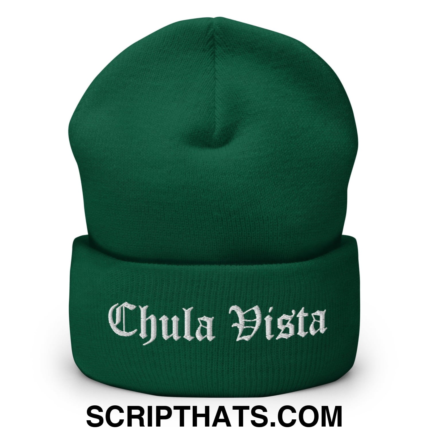 Chula Vista Old English Embroidered Knit Cuffed Beanie Spruce
