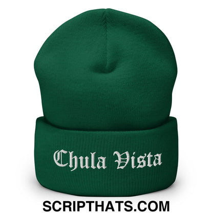 Chula Vista Old English Embroidered Knit Cuffed Beanie Spruce