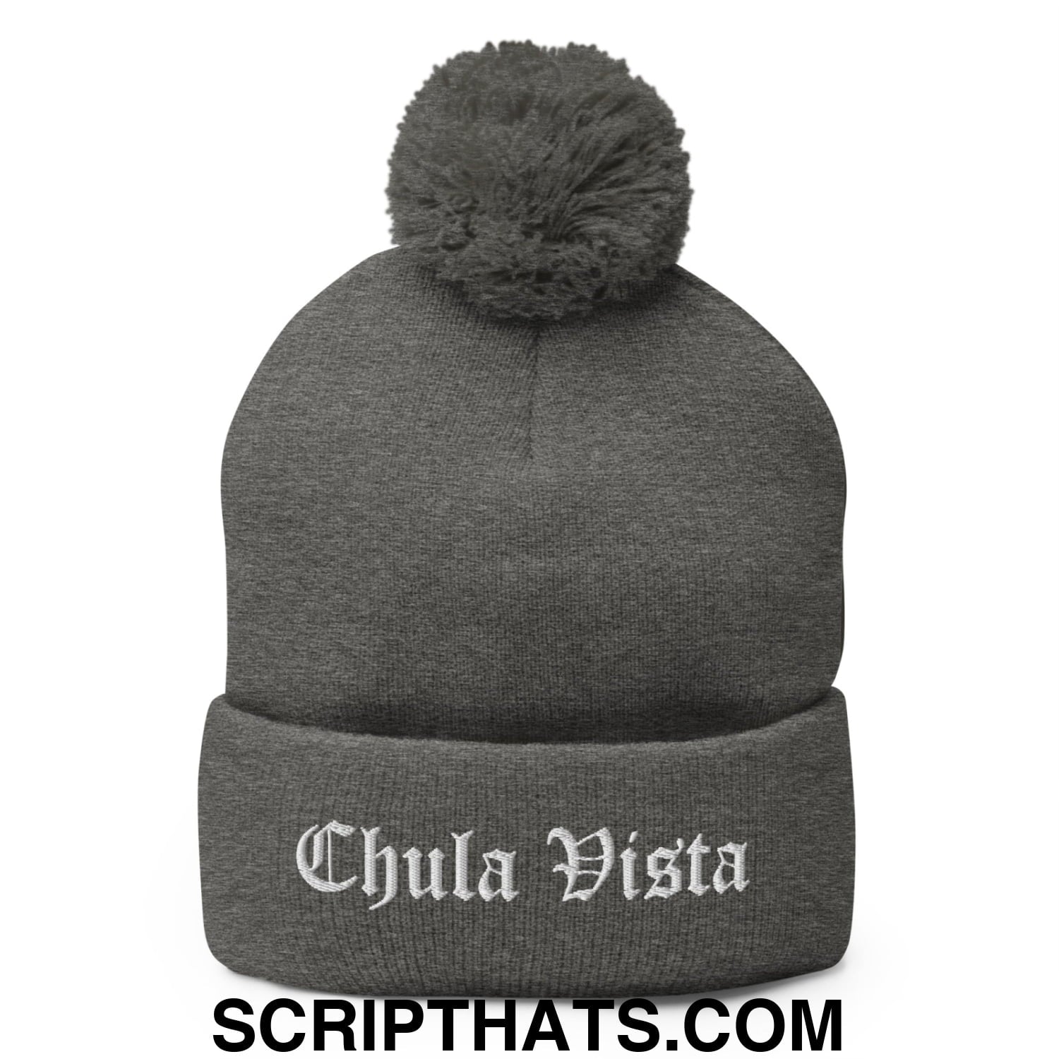 Chula Vista Old English Embroidered Knit Pom Pom Beanie Dark Heather Grey