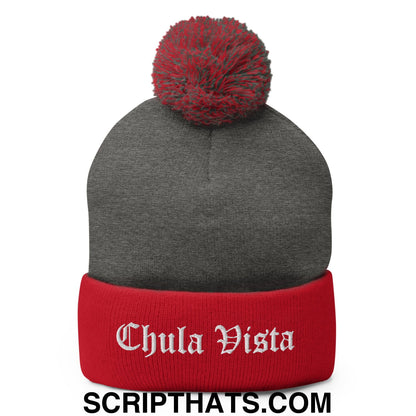 Chula Vista Old English Embroidered Knit Pom Pom Beanie Dark Heather Grey Red