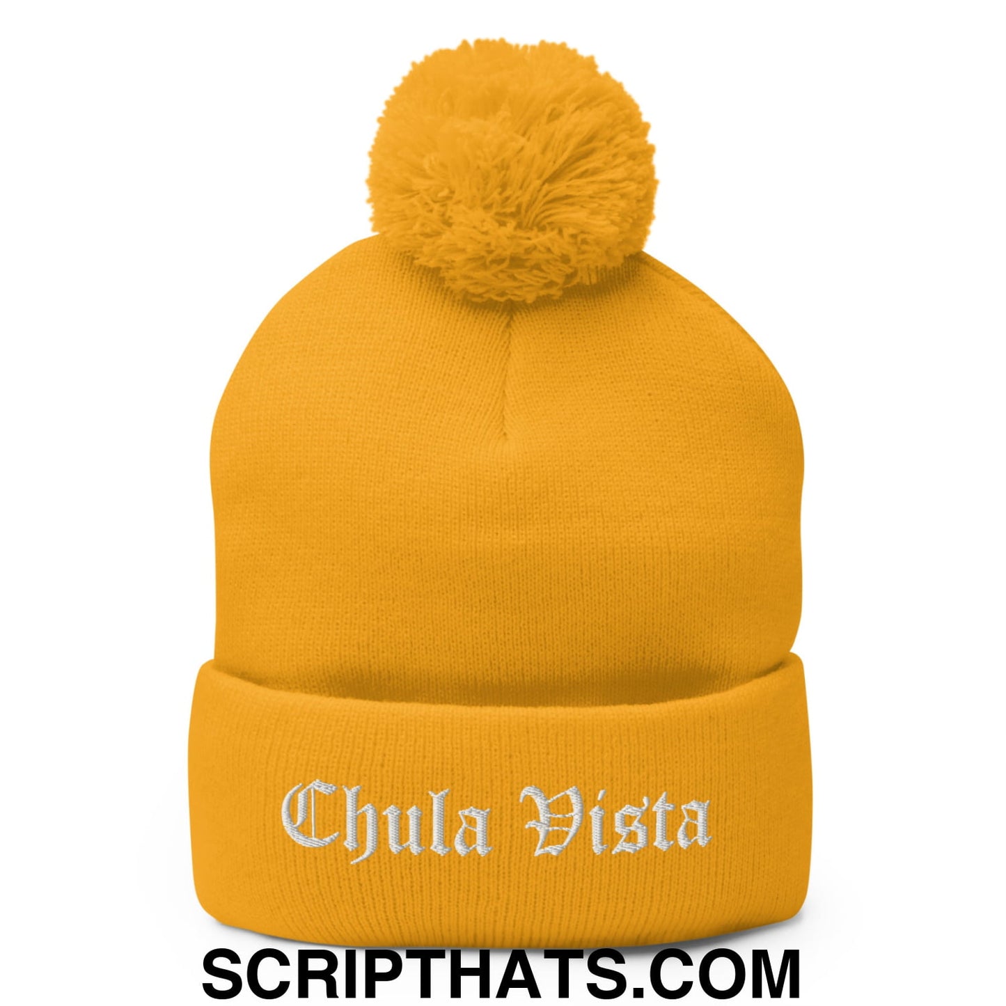 Chula Vista Old English Embroidered Knit Pom Pom Beanie Gold