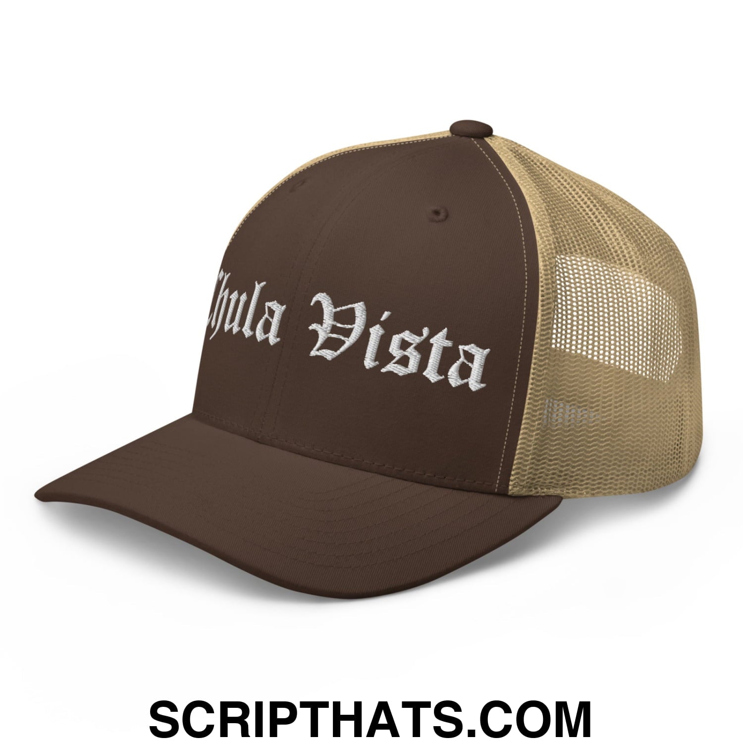 Chula Vista Old English Embroidered Mesh Trucker Hat Brown Khaki