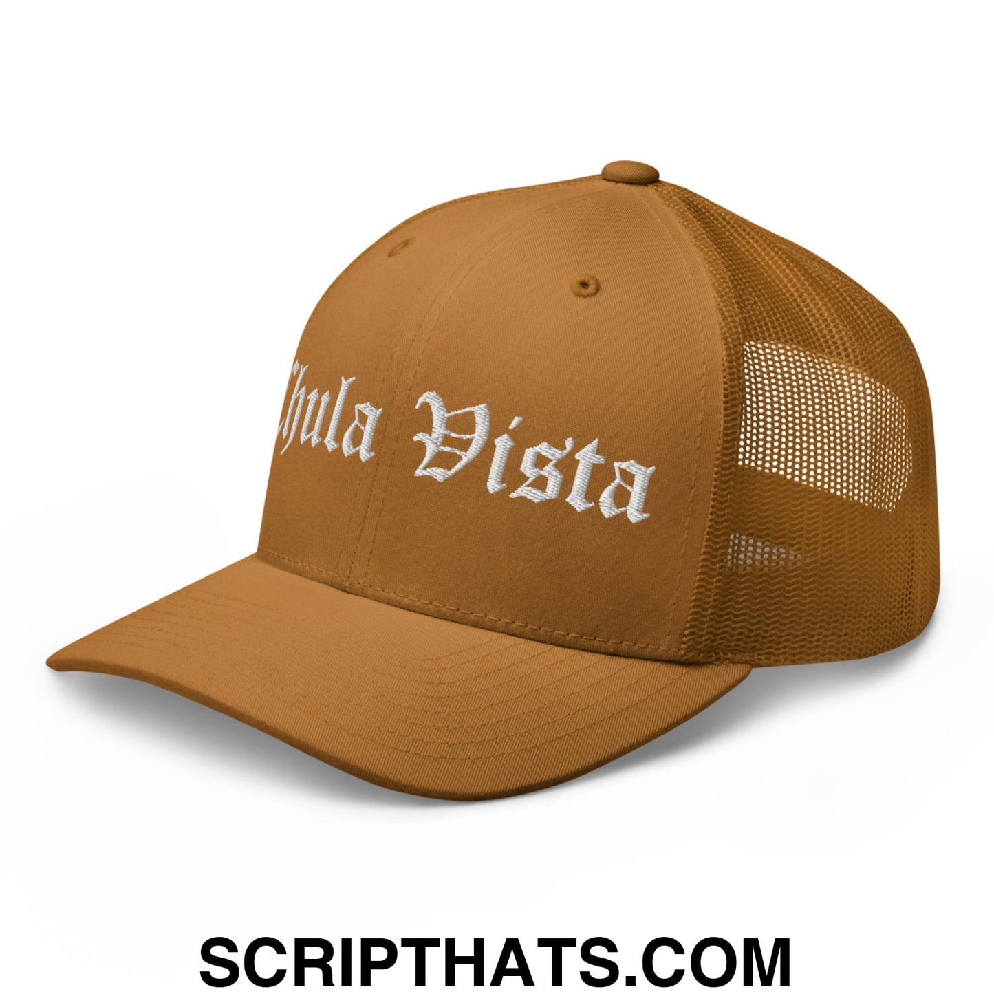 Chula Vista Old English Embroidered Mesh Trucker Hat Caramel