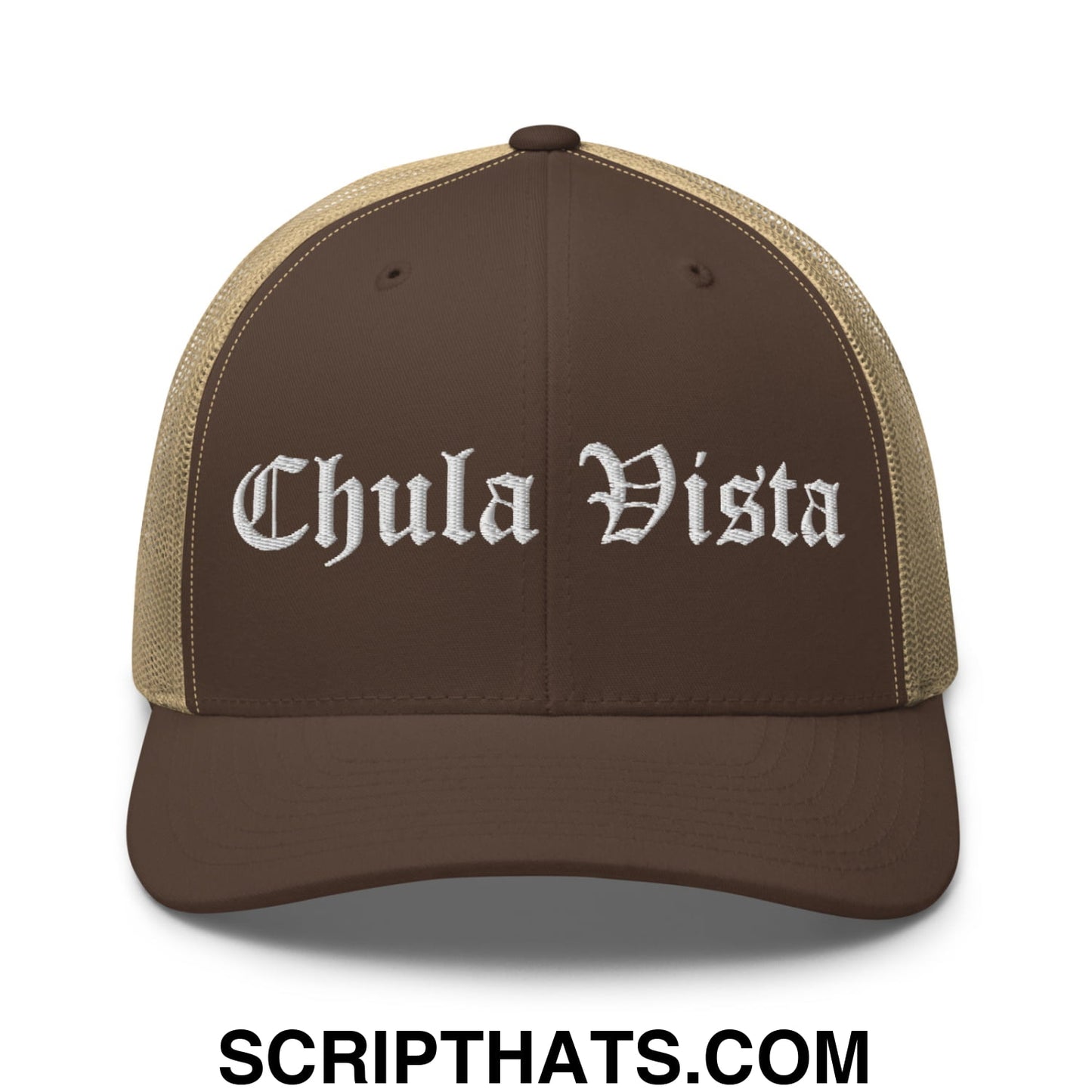 Chula Vista Old English Embroidered Mesh Trucker Hat Brown Khaki