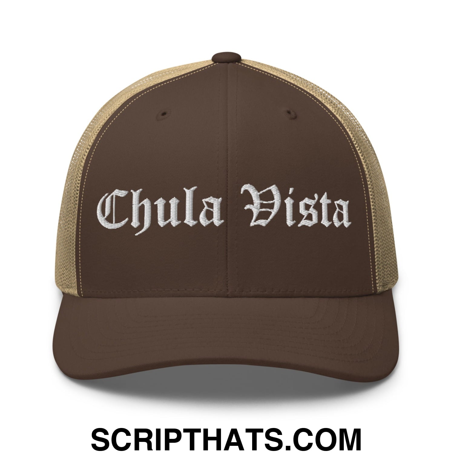 Chula Vista Old English Embroidered Mesh Trucker Hat Brown Khaki