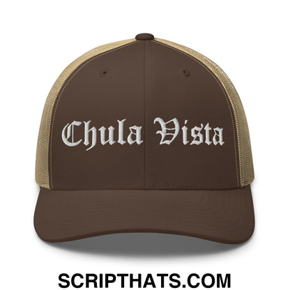 Chula Vista Old English Embroidered Mesh Trucker Hat Brown Khaki