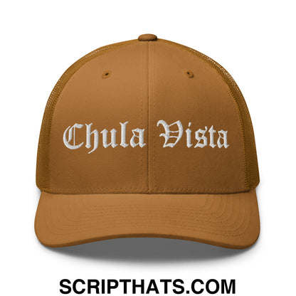 Chula Vista Old English Embroidered Mesh Trucker Hat Caramel