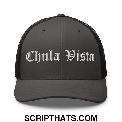 Chula Vista Old English Embroidered Mesh Trucker Hat Charcoal Black