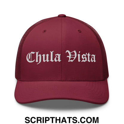 Chula Vista Old English Embroidered Mesh Trucker Hat Cranberry
