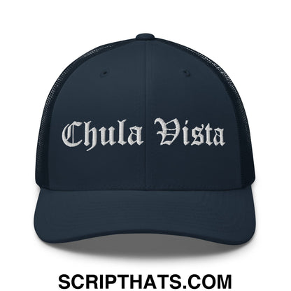 Chula Vista Old English Embroidered Mesh Trucker Hat Navy