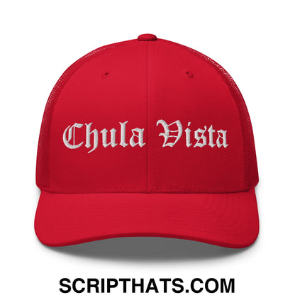 Chula Vista Old English Embroidered Mesh Trucker Hat Red