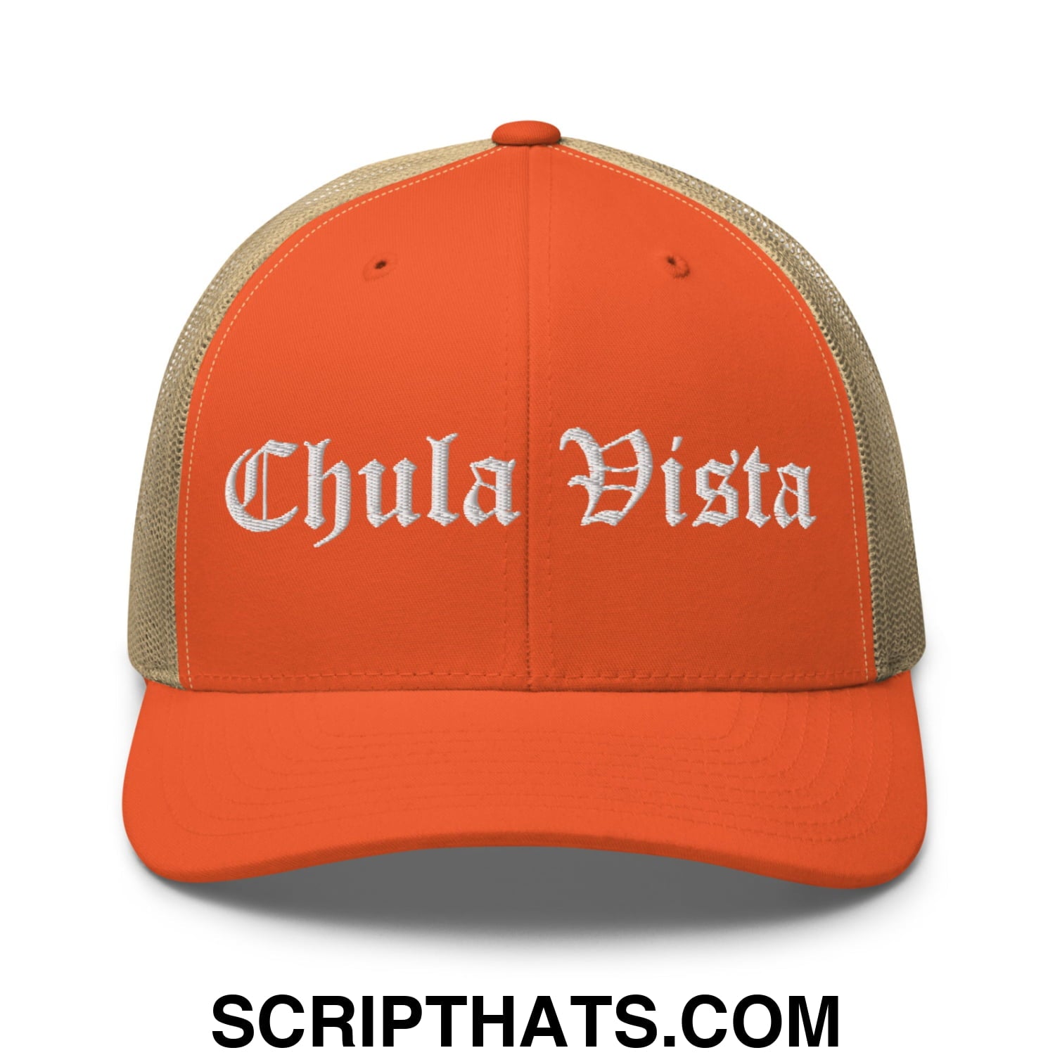 Chula Vista Old English Embroidered Mesh Trucker Hat Rustic Orange Khaki