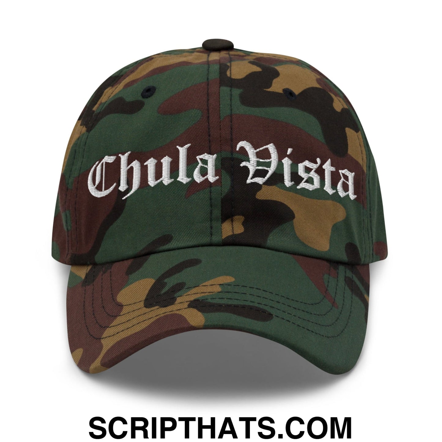 Chula Vista Old English Embroidered Unstructured Dad Hat Green Camo