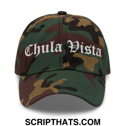 Chula Vista Old English Embroidered Unstructured Dad Hat Green Camo