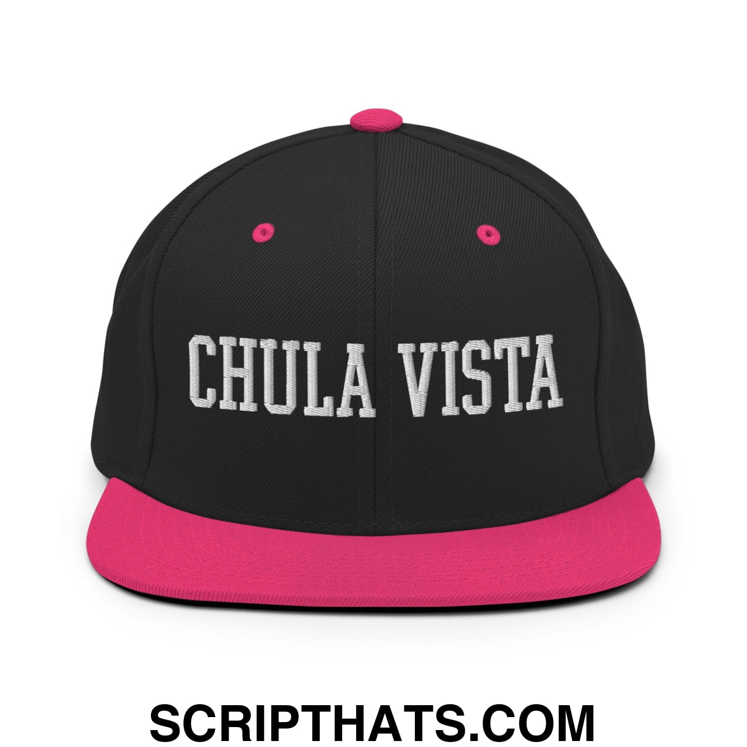Chula Vista Varsity College Block Embroidered Flat Bill Brim Snapback Hat Black Neon Pink