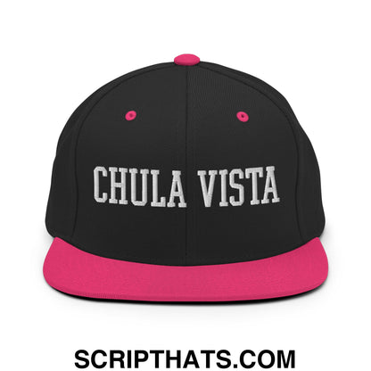 Chula Vista Varsity College Block Embroidered Flat Bill Brim Snapback Hat Black Neon Pink