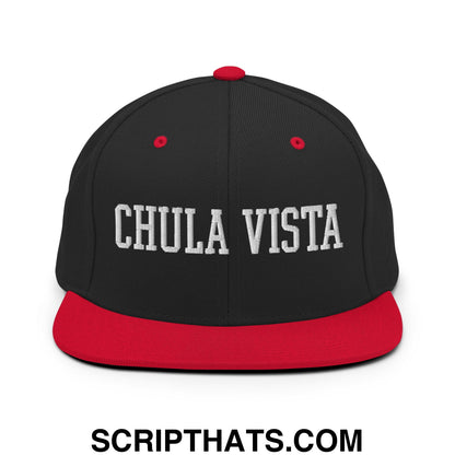 Chula Vista Varsity College Block Embroidered Flat Bill Brim Snapback Hat Black Red