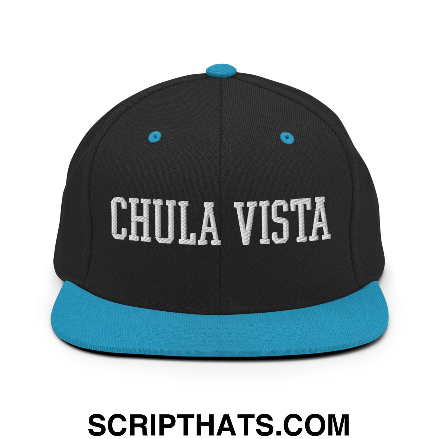 Chula Vista Varsity College Block Embroidered Flat Bill Brim Snapback Hat Black Teal