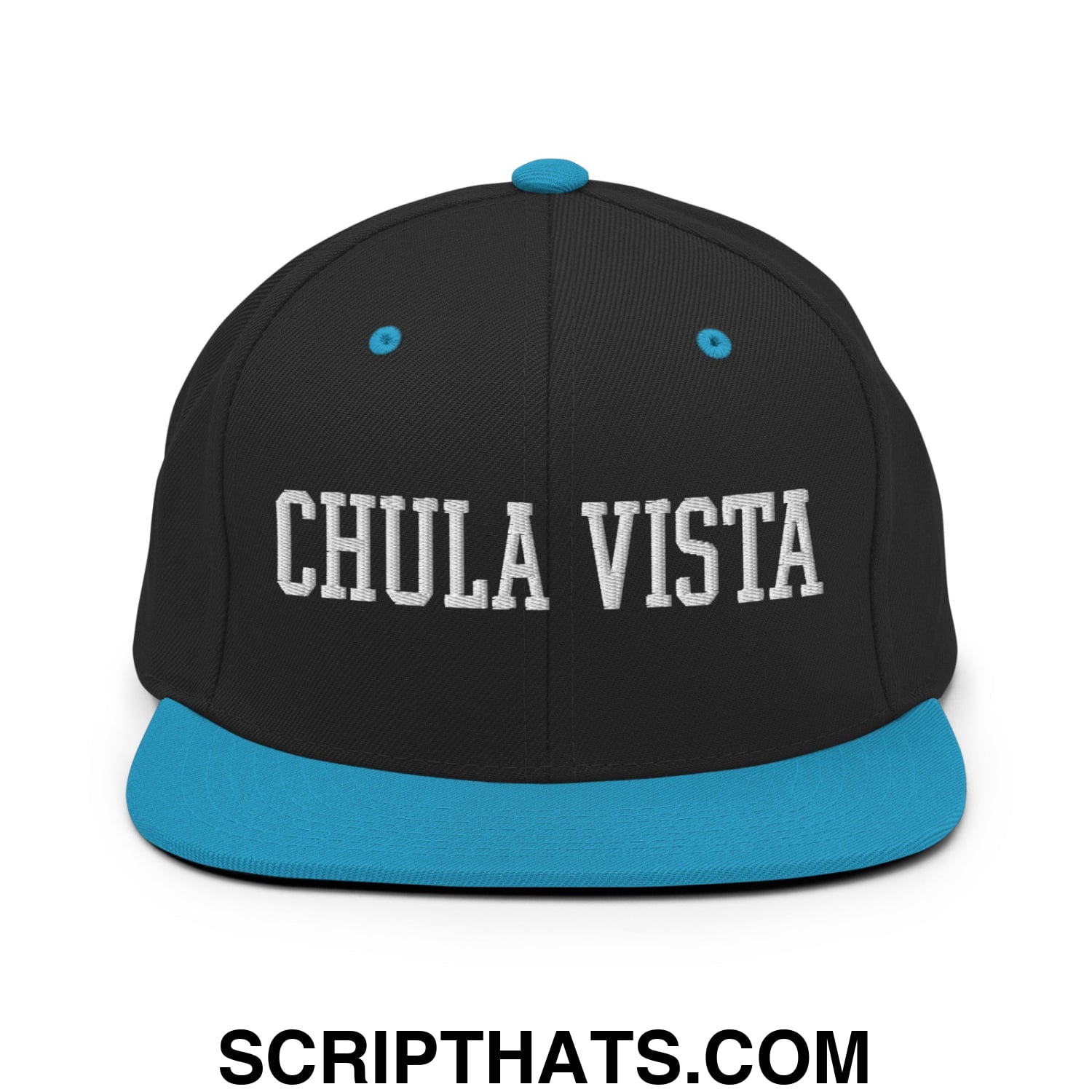 Chula Vista Varsity College Block Embroidered Flat Bill Brim Snapback Hat Black Teal