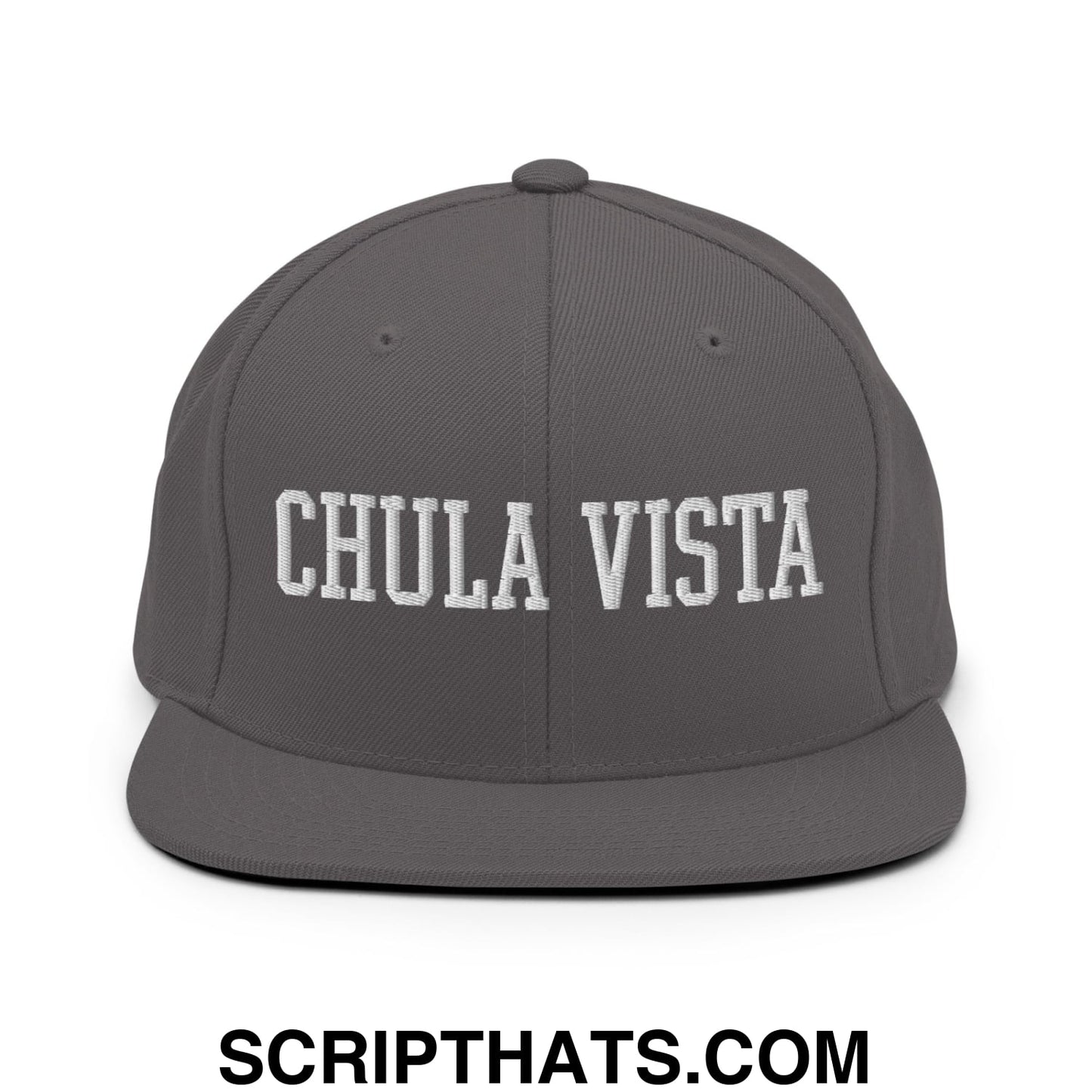 Chula Vista Varsity College Block Embroidered Flat Bill Brim Snapback Hat Dark Grey