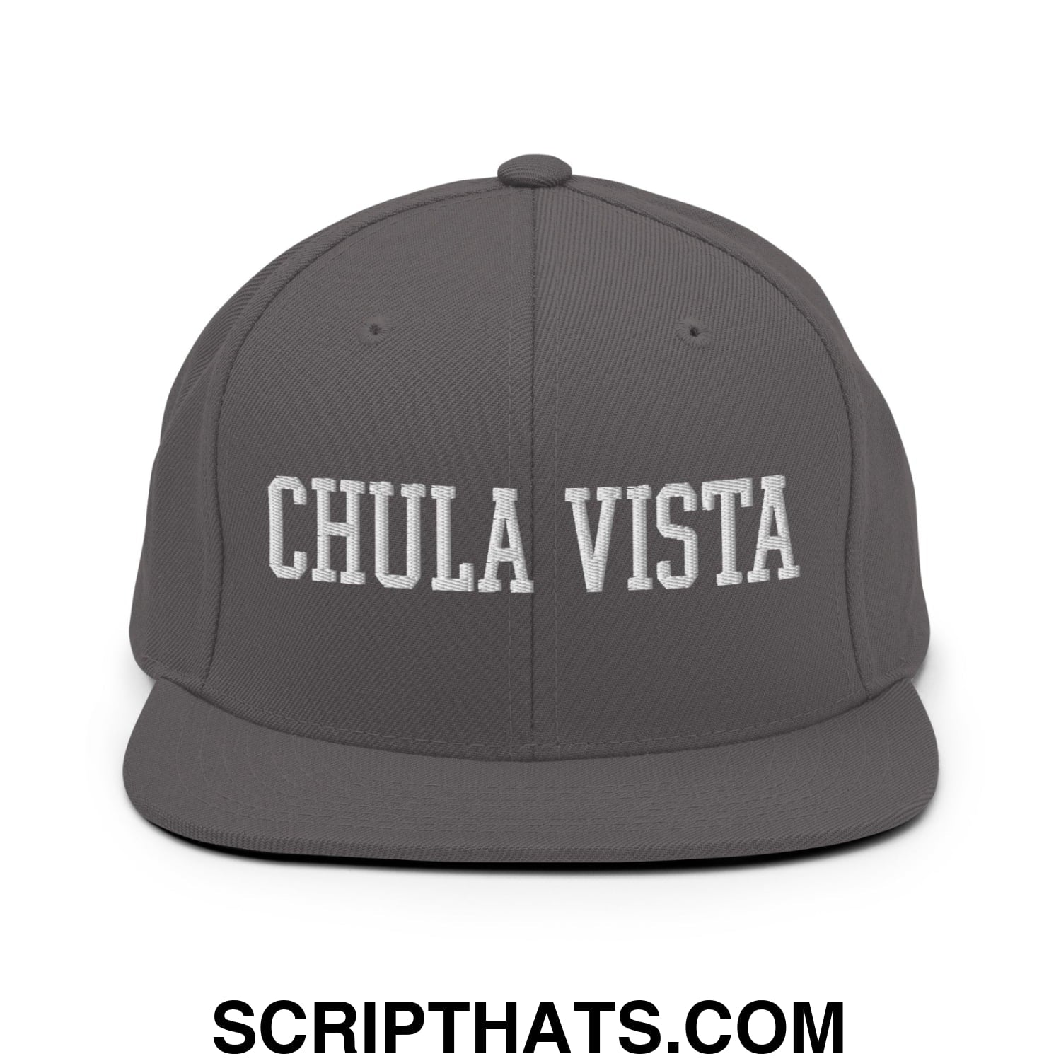 Chula Vista Varsity College Block Embroidered Flat Bill Brim Snapback Hat Dark Grey