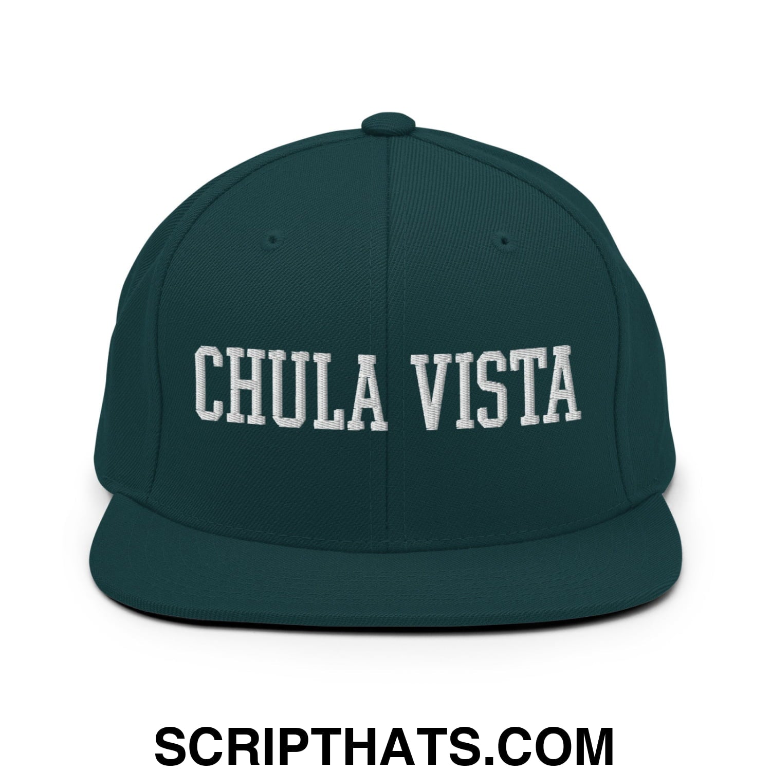 Chula Vista Varsity College Block Embroidered Flat Bill Brim Snapback Hat Spruce