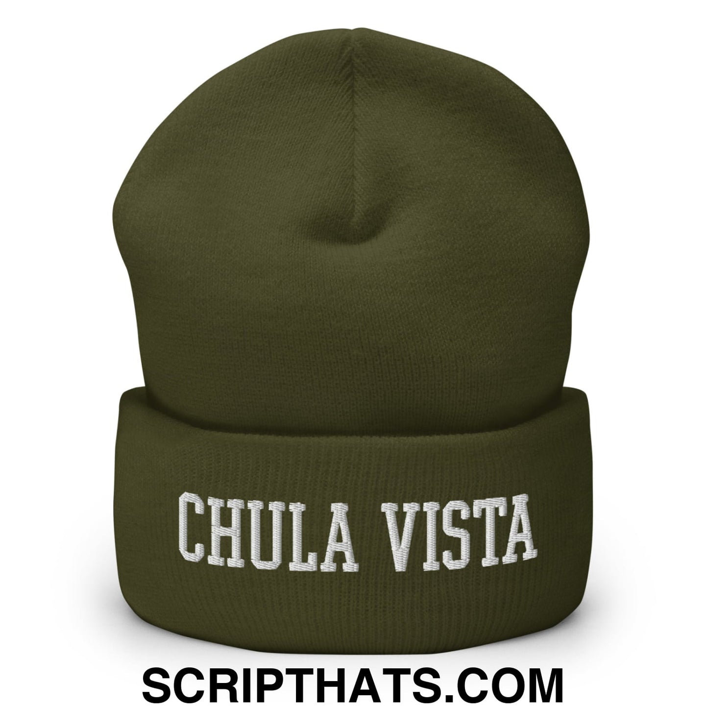 Chula Vista Varsity College Block Embroidered Knit Cuffed Beanie Olive