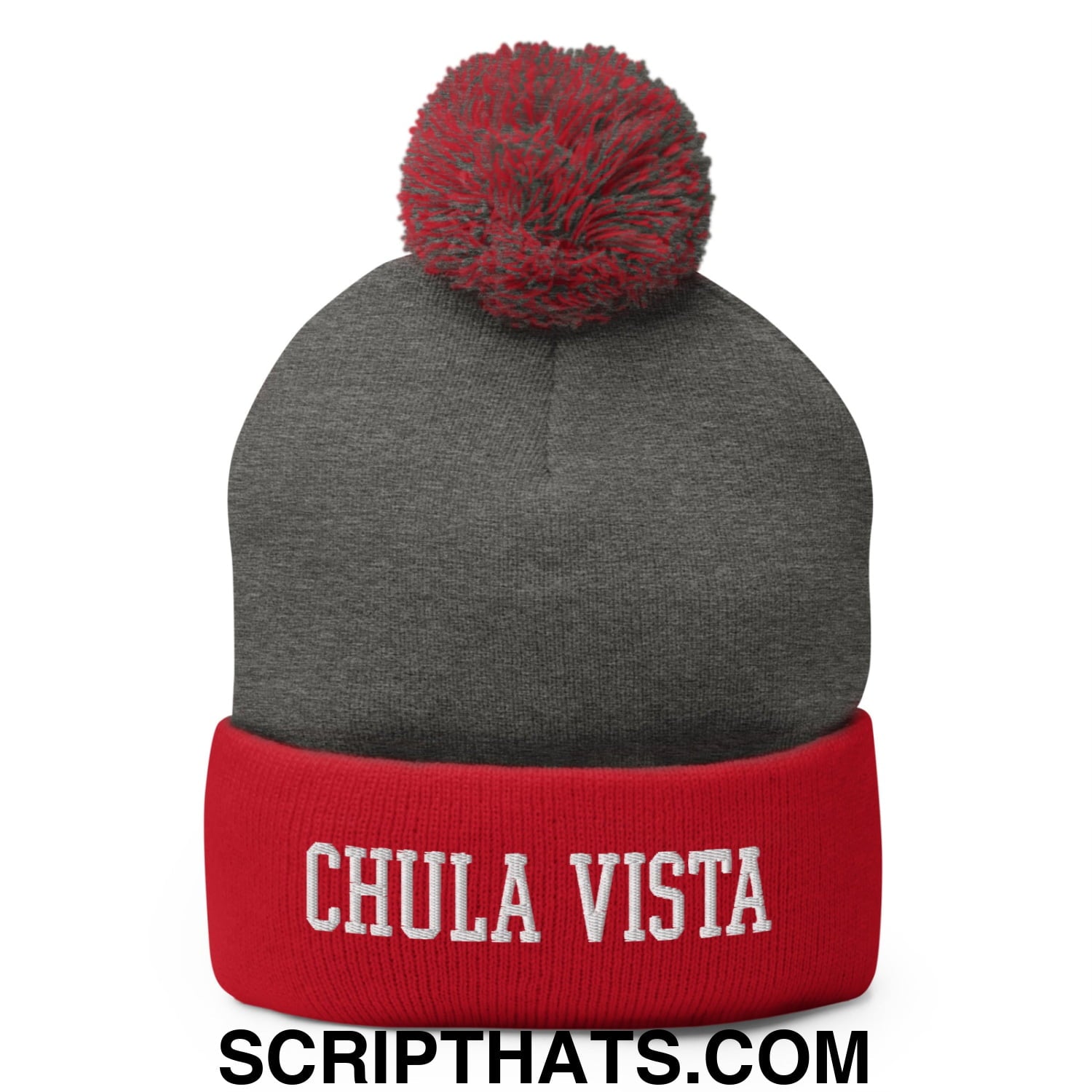 Chula Vista Varsity College Block Embroidered Knit Pom Pom Beanie Dark Heather Grey Red