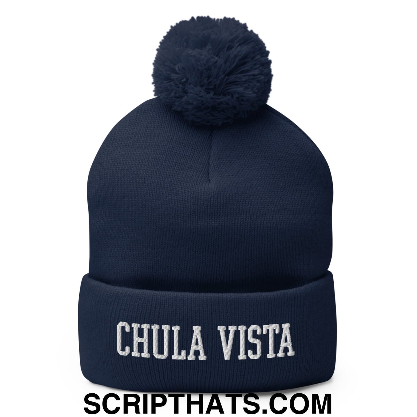 Chula Vista Varsity College Block Embroidered Knit Pom Pom Beanie Navy