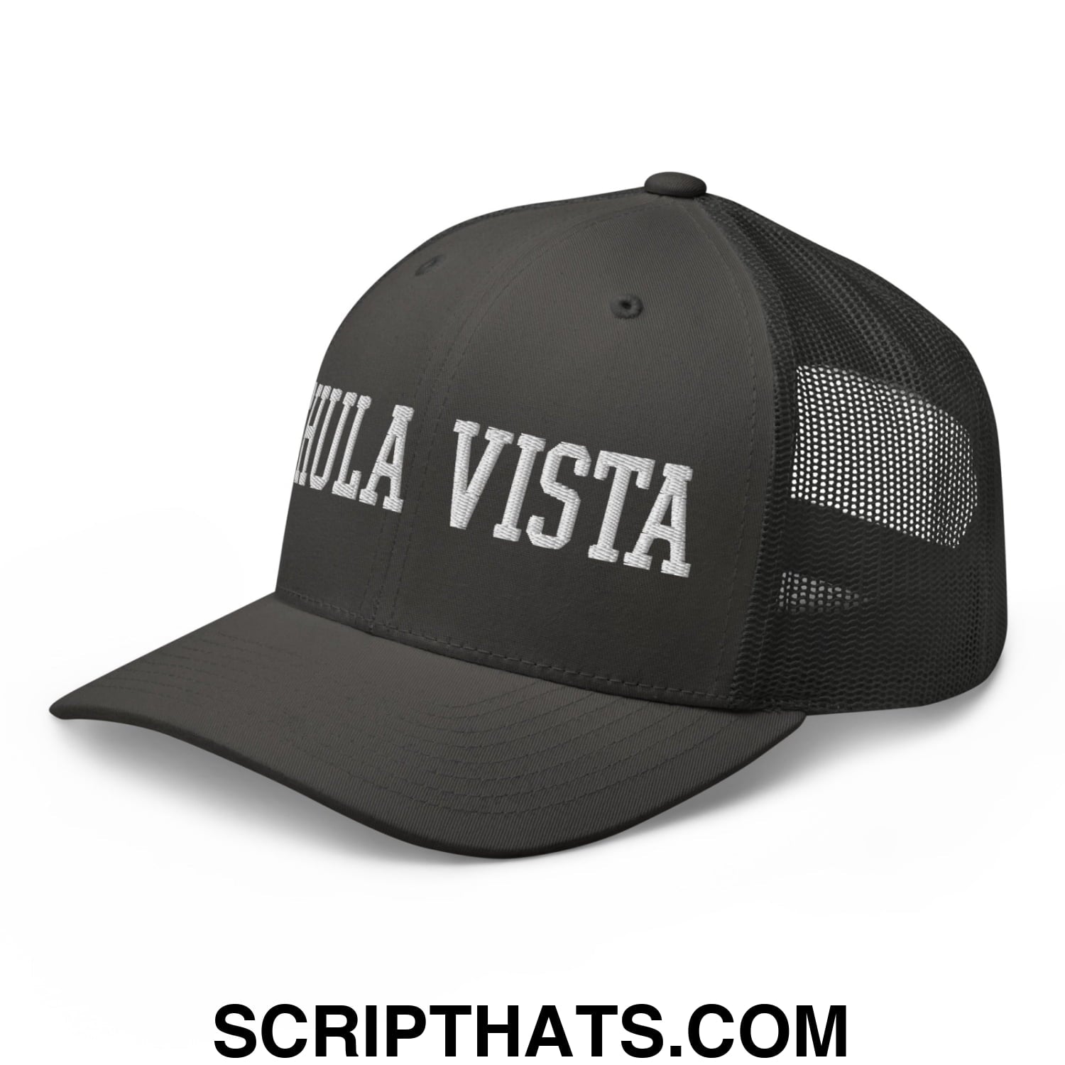 Chula Vista Varsity College Block Embroidered Mesh Trucker Hat Charcoal