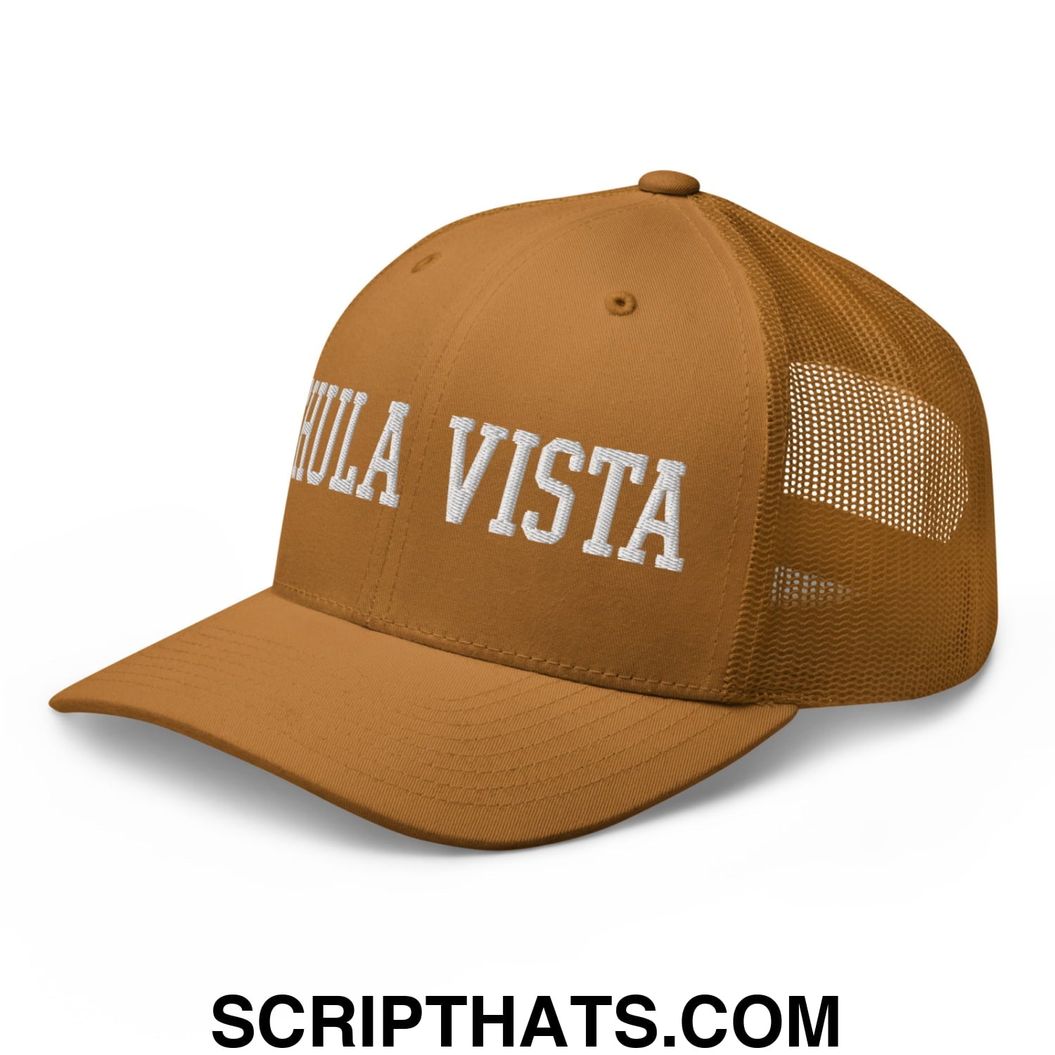 Chula Vista Varsity College Block Embroidered Mesh Trucker Hat Caramel