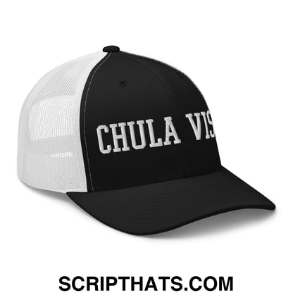 Chula Vista Varsity College Block Embroidered Mesh Trucker Hat Black White