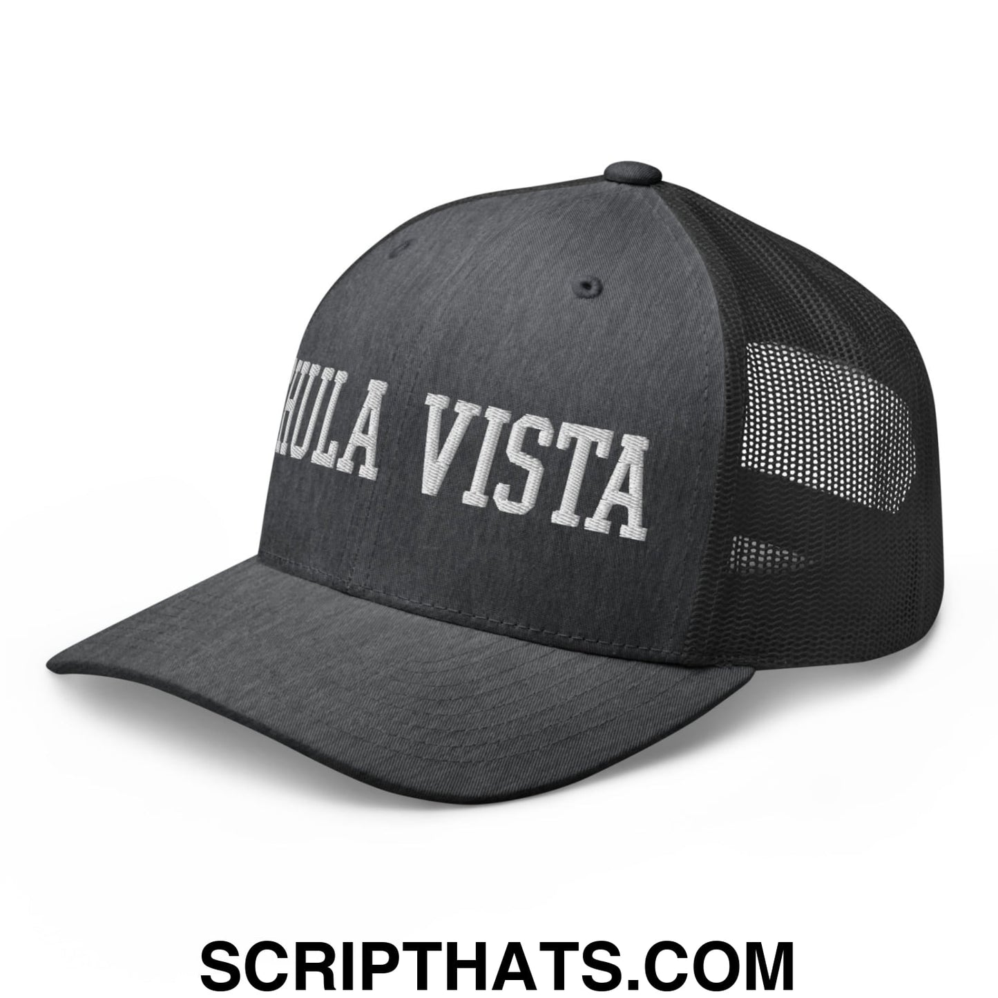 Chula Vista Varsity College Block Embroidered Mesh Trucker Hat Dark Heather Gray
