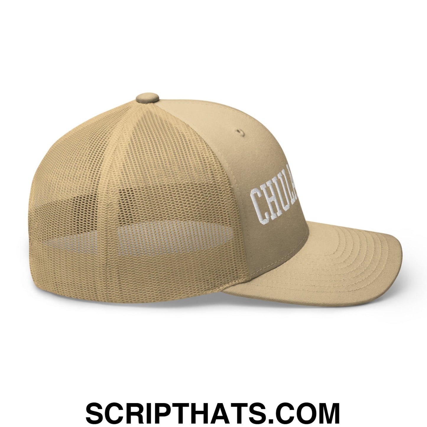 Chula Vista Varsity College Block Embroidered Mesh Trucker Hat Khaki