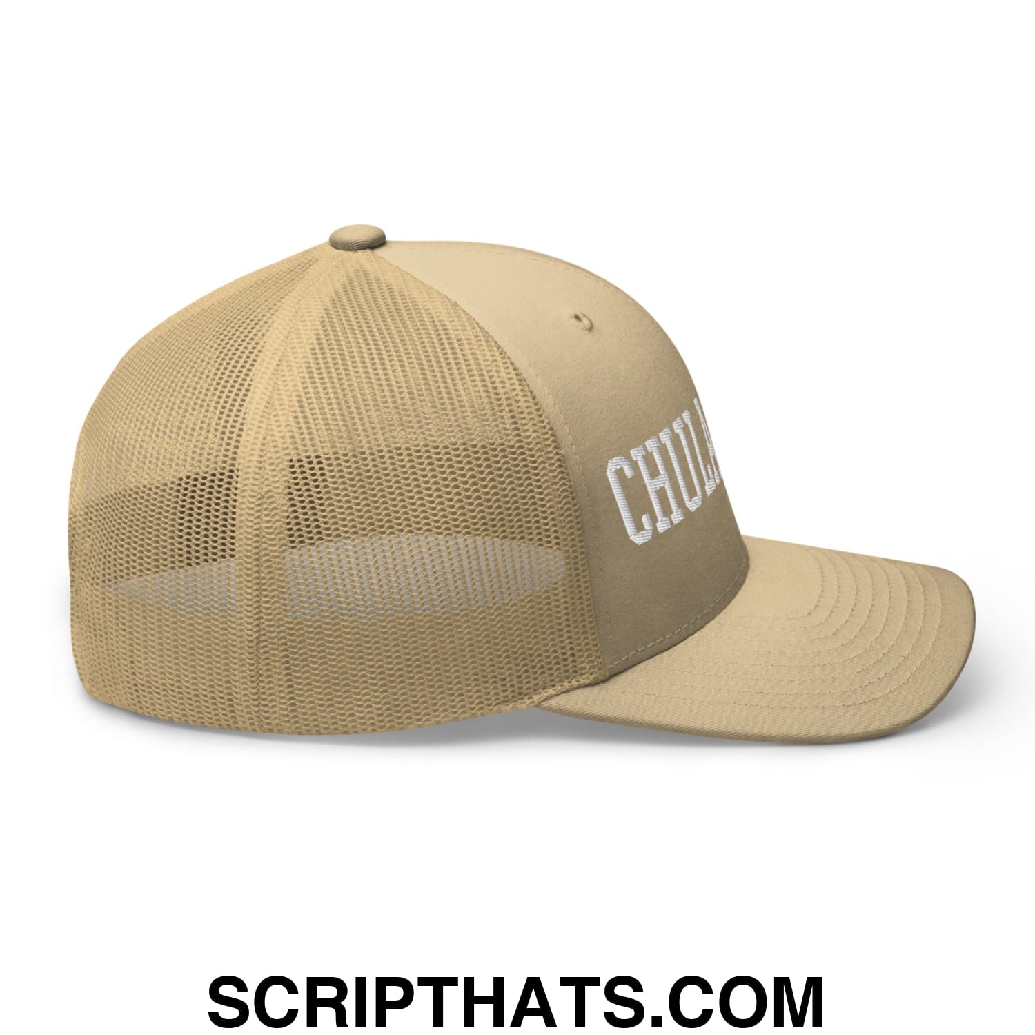 Chula Vista Varsity College Block Embroidered Mesh Trucker Hat Khaki