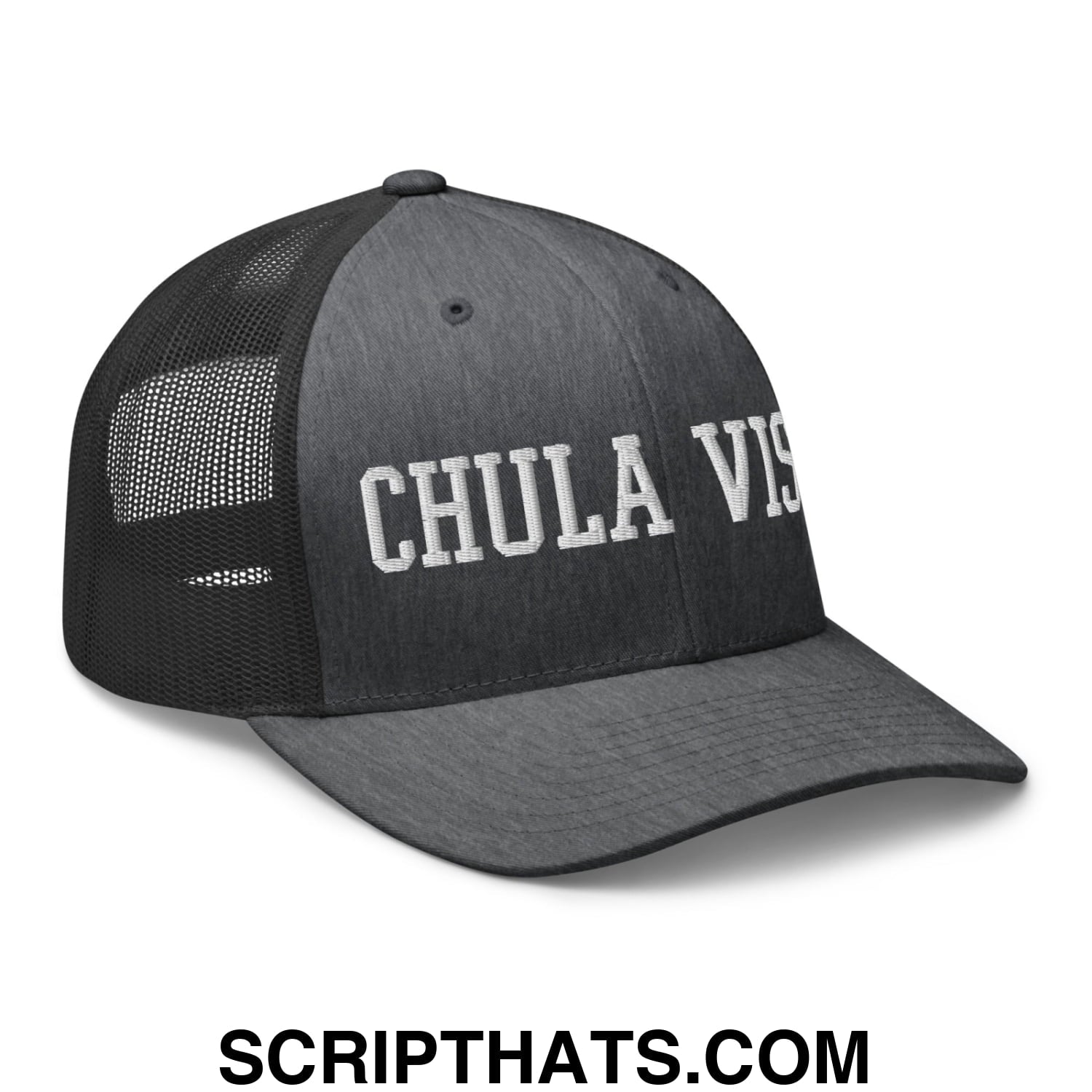 Chula Vista Varsity College Block Embroidered Mesh Trucker Hat Dark Heather Gray