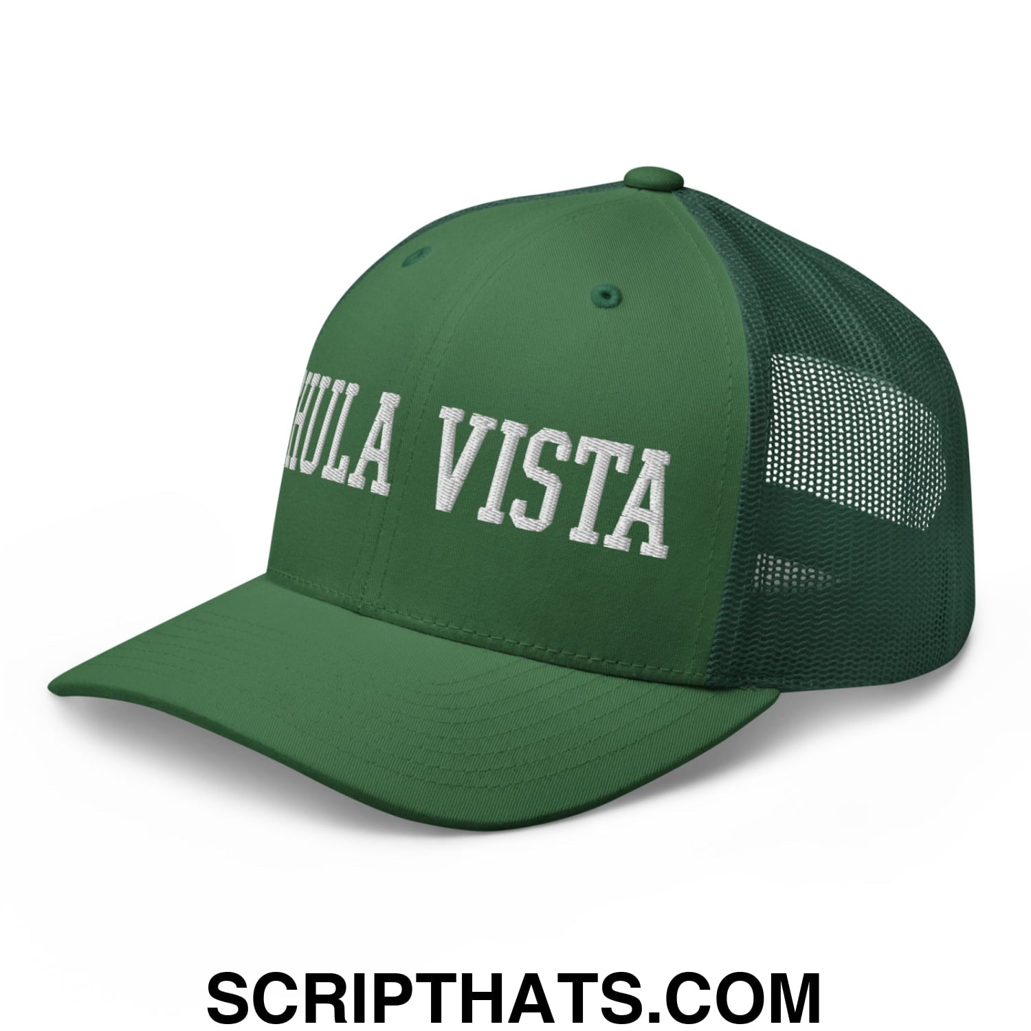 Chula Vista Varsity College Block Embroidered Mesh Trucker Hat Evergreen