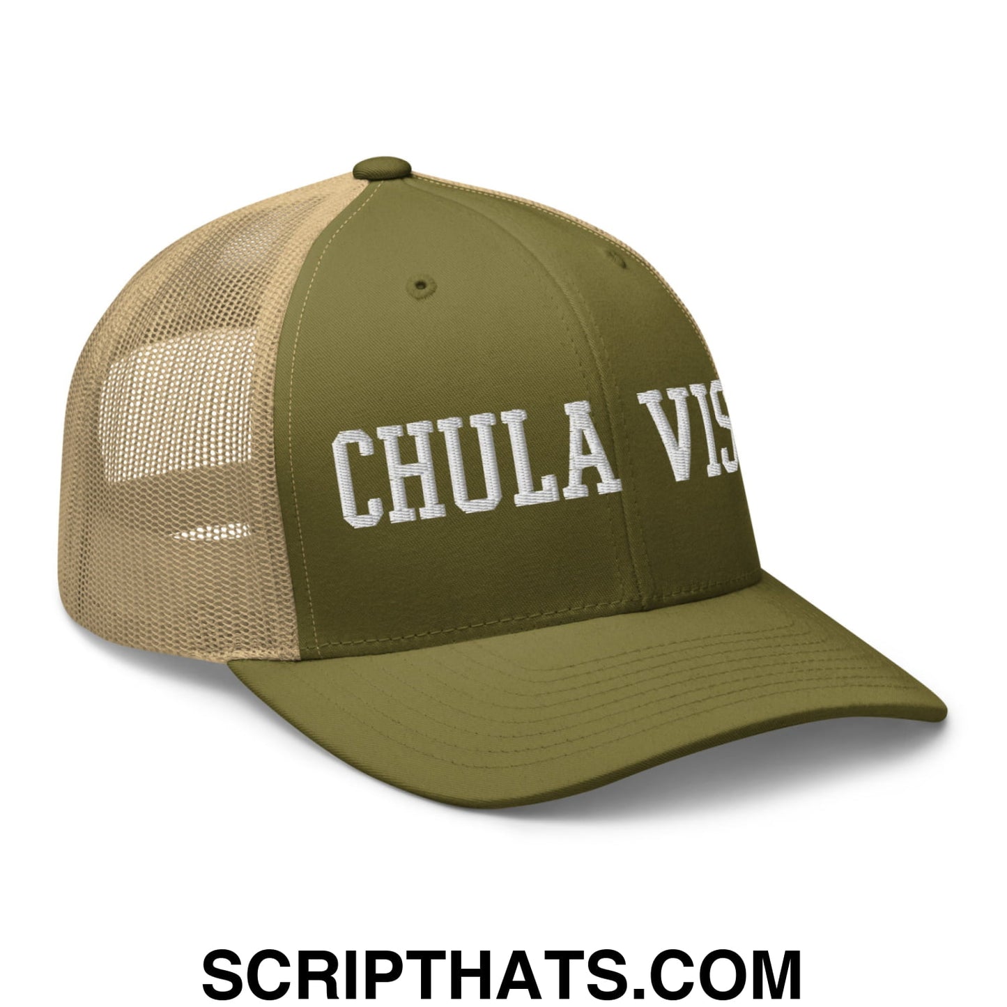 Chula Vista Varsity College Block Embroidered Mesh Trucker Hat Moss Khaki