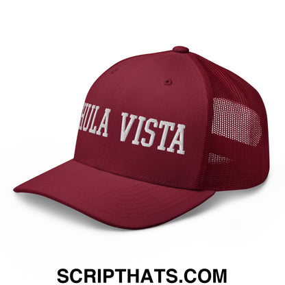 Chula Vista Varsity College Block Embroidered Mesh Trucker Hat Cranberry