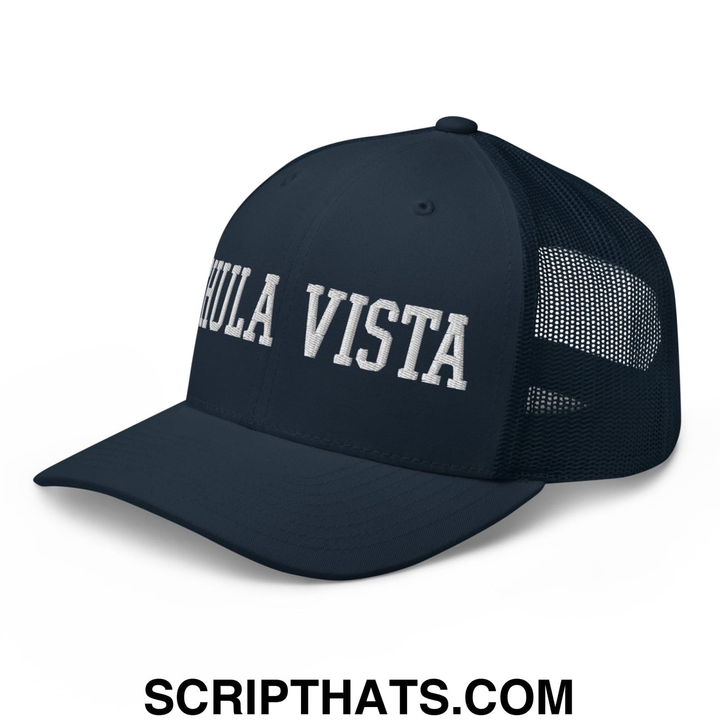 Chula Vista Varsity College Block Embroidered Mesh Trucker Hat Navy