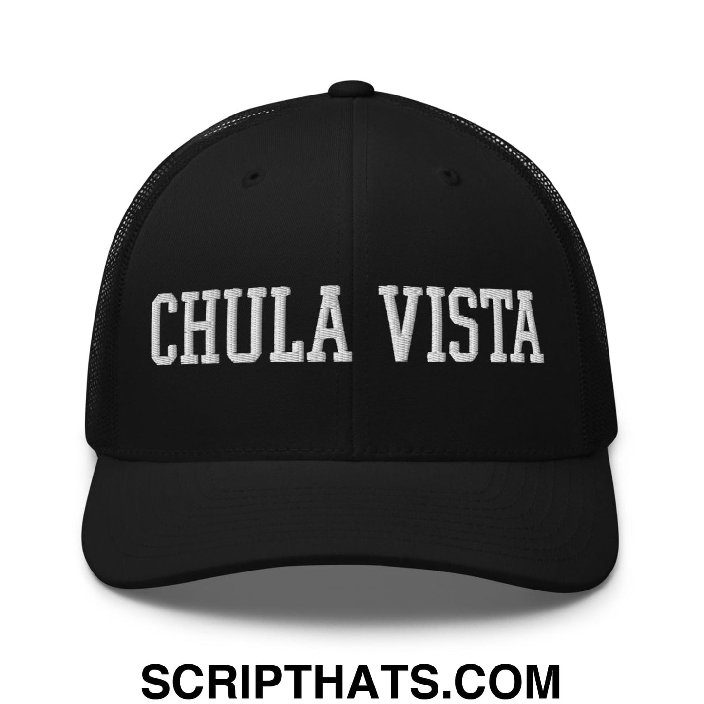Chula Vista Varsity College Block Embroidered Mesh Trucker Hat Black